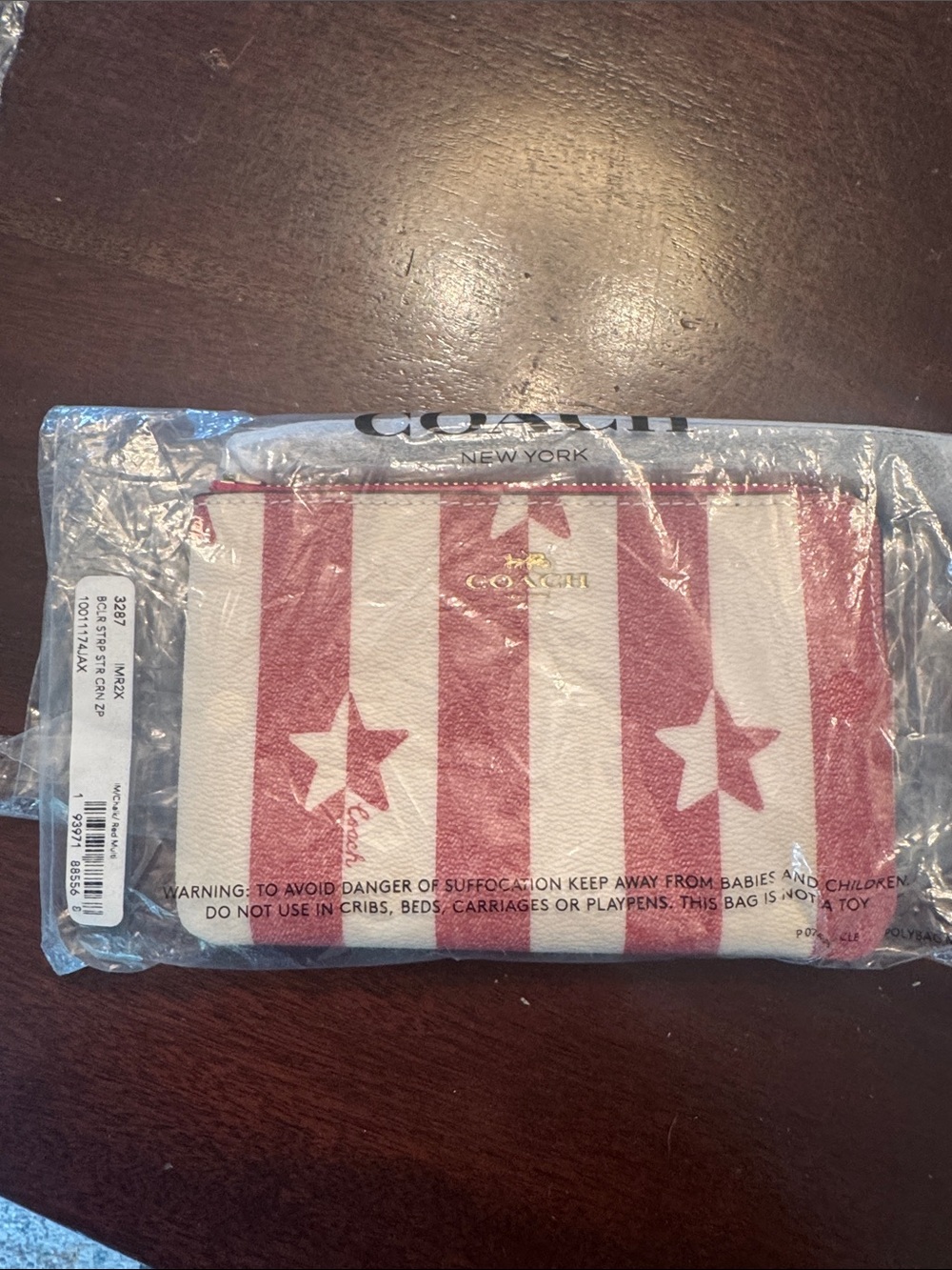 Coach Red & Cream Star-Stripe Wristlet with Brown Strap - Picture 4 of 6